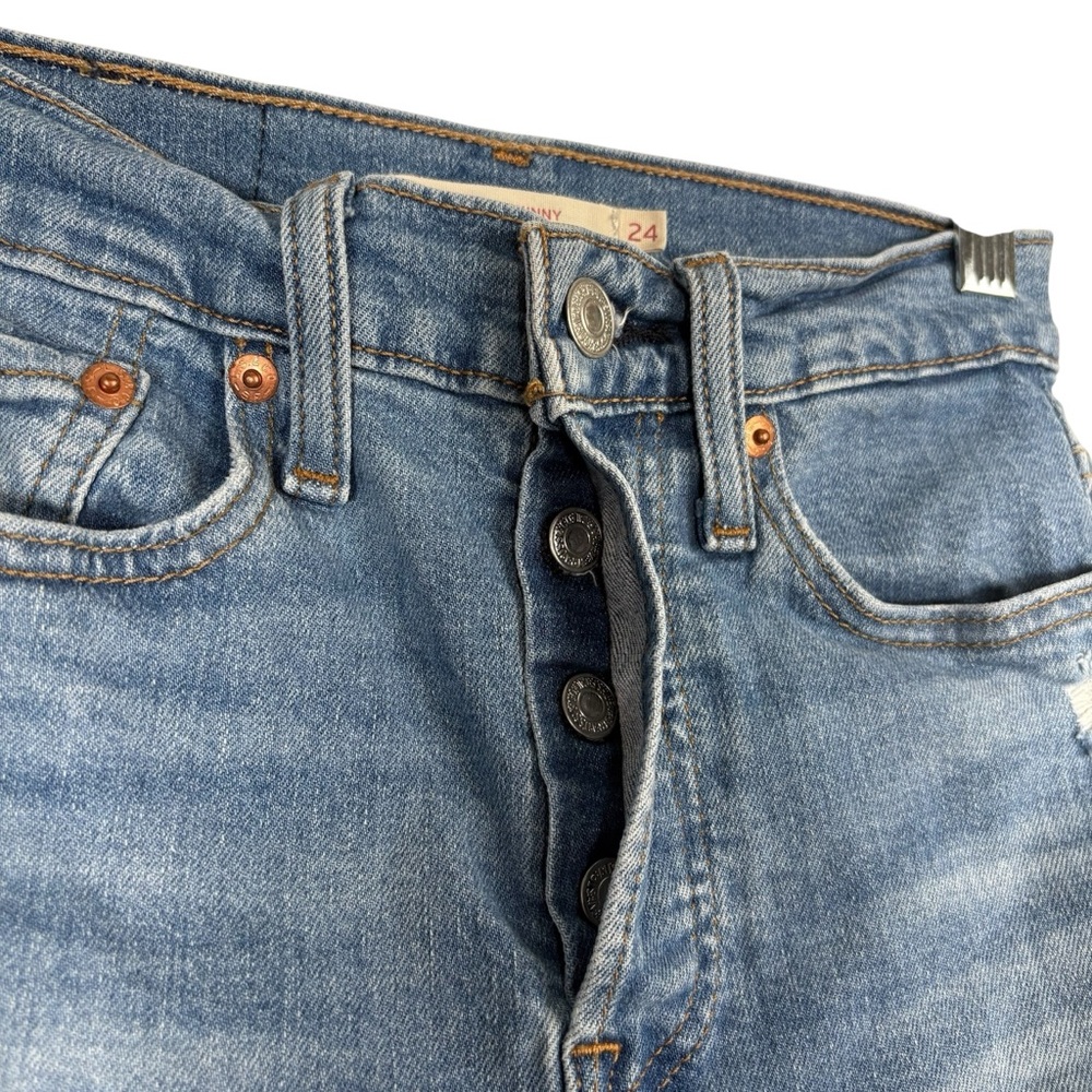 Levis Wedgie Skinny Womens 24 Blue High Waisted Rise Distressed Jeans Button Fly - Picture 5 of 9